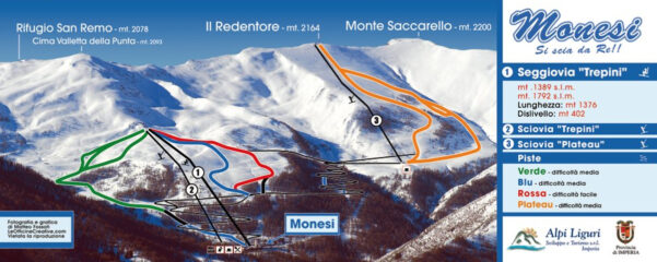 Ottima visione d'insieme della zona. Il gruppo in tavola è sceso nel valloncello a sinistra (guardando la foto) della sciovia. Gli sciatori lungo la pista del plateau, nella parte vicina ai pali. Alcune tracce anche sul versante sotto la vetta del Saccarello.